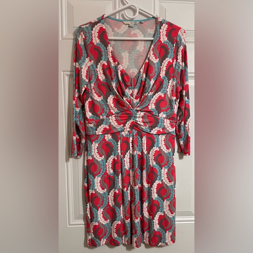 Boden Women's Dress Coral Floral Jersey V-Neck Waist Panel‎ Casual Size US 10
